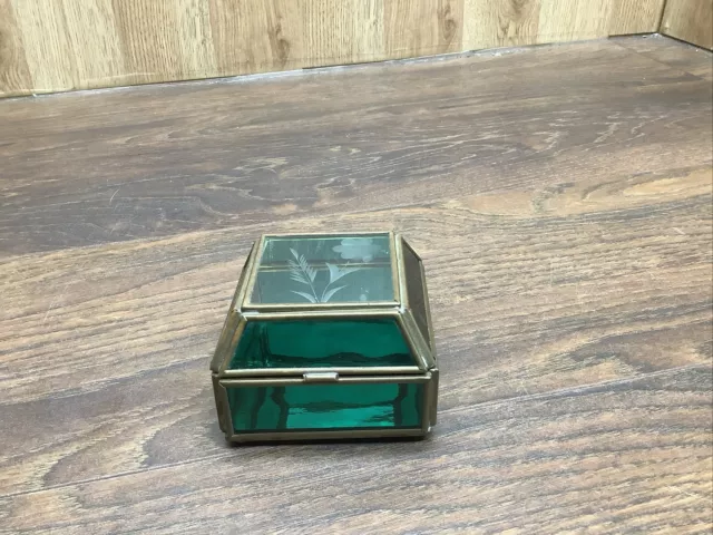 Via Vermont Ltd VTG Green Glass & Brass Trinket Box With Mirror Base Etched Lid