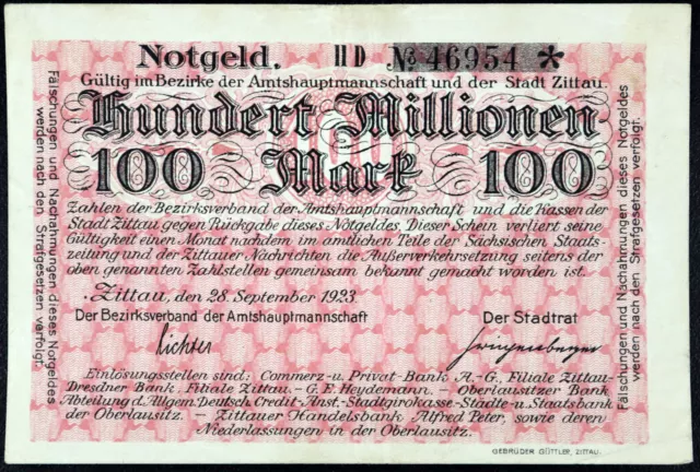 ZITTAU 1923 100 Million Mark Inflation Notgeld Banknote Germany