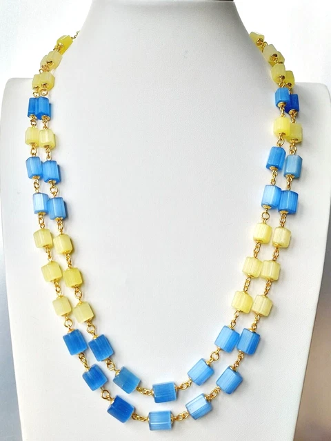 Satin Czech Necklace Glass Atlas Blue and Yellow Glass Beads Two Row Art Deco