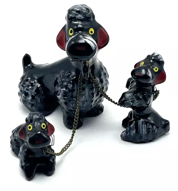 Vintage Wales Black Poodle Dogs Pups Redware Figures with Chain Japan