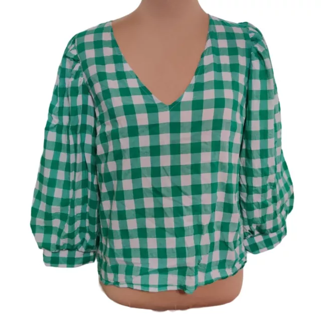 A New Day Womens Blouse Top Summer Puff Sleeve Buffalo Plaid White Green Sz XL