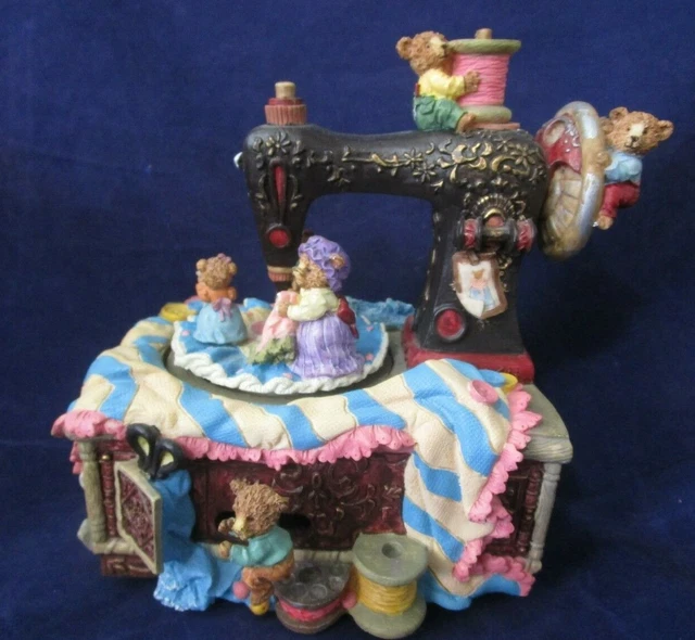 ANTIQUE SEWING MACHINE Animated Sewing Bears Resin Sanyko Music Box