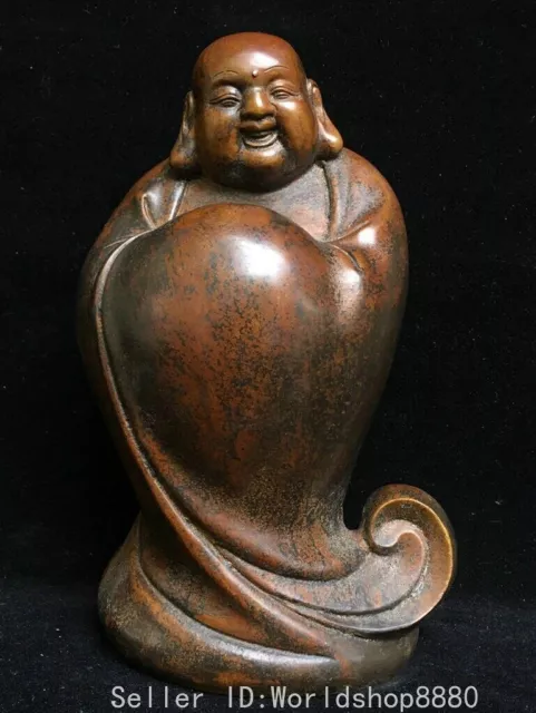 9.2" Old China Qianlong Marked Pure Copper Happy Laugh Maitreya Buddha Statue