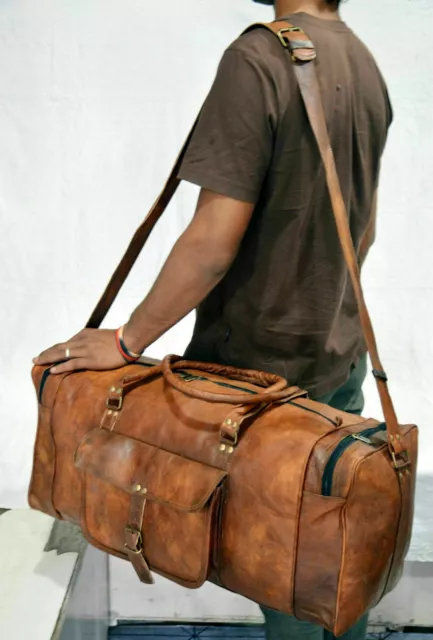 Vintage Retro Men Genuine Leather travel duffle weekend bag lightweight luggage