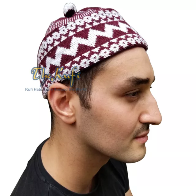 Cotton Maroon Blend Warm Zigzag Stretchy Soft Beanie Winter Kufi Hat Ball on Top