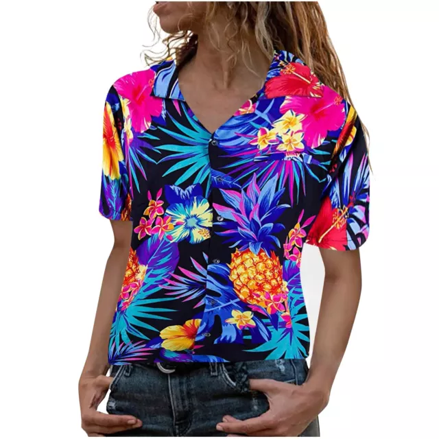 Flowers Leaves Blouse Pineapple Funky Shirt Frontpocket Women'S Hawaiian Print 3