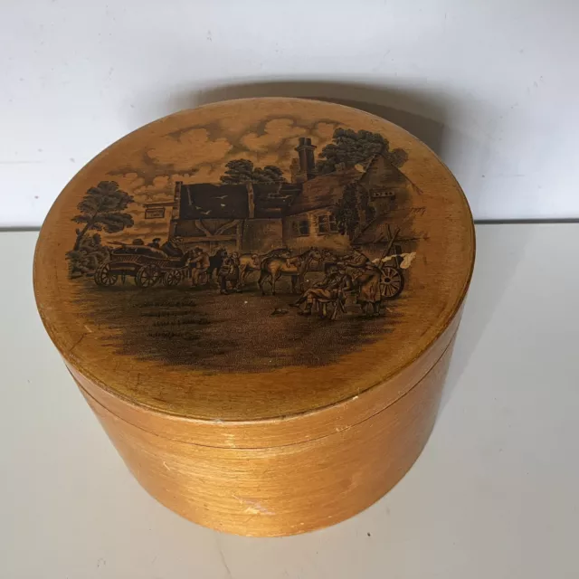 Antique Mauchline Ware Wood Tea Caddy Large Box Decorative Country Inn Scene