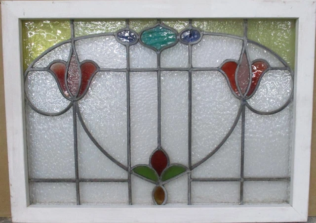 MIDSIZE OLD ENGLISH LEADED STAINED GLASS WINDOW Cute Floral 27" x 19.5"