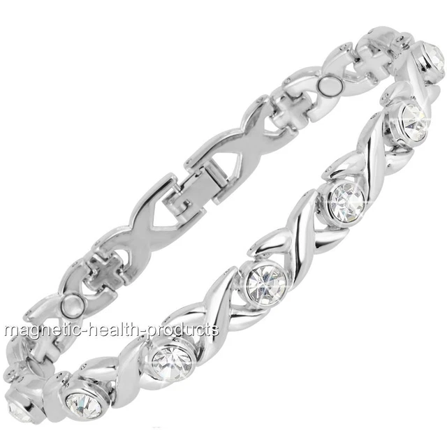 Brazalete De Curación Magnética Damas Plata Cristales Blancos Brazalete Artritis Dolor 39