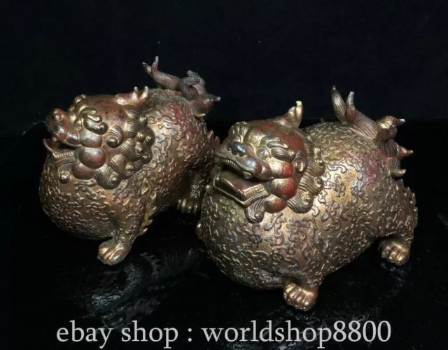 4.6" Old Chinese Pure Copper Gilt Feng Shui Pixiu beast Statue Sculpture Pair 2