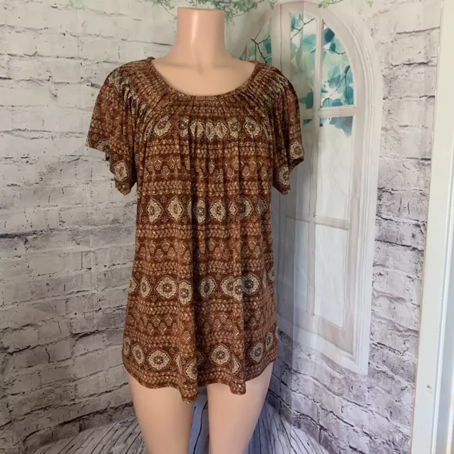 Style & Co Women's Blouse  Shirt Top Size XL  Stretch Brown Tribal Bali Print