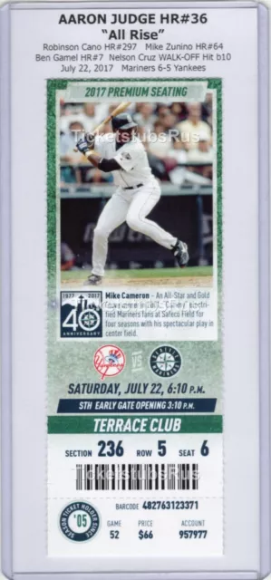 Aaron Judge HR #36 ALL RISE 2017 Mariners Yankees 7/22 CLUB Ticket MIKE CAMERON