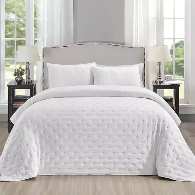 Reversible Quilts Set Queen Size, 3 Piece White Quilt with Pillow Shams, Point P