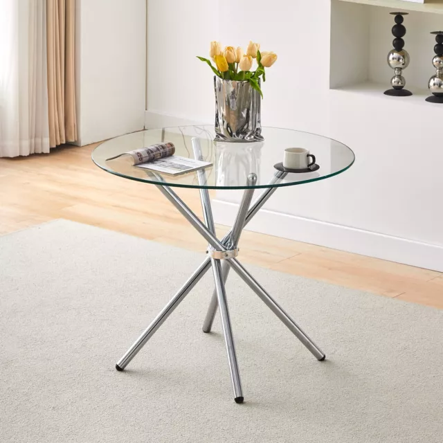 Glass Round Dining Table Home Kitchen Furniture Cross Chrome Legs Dining Room