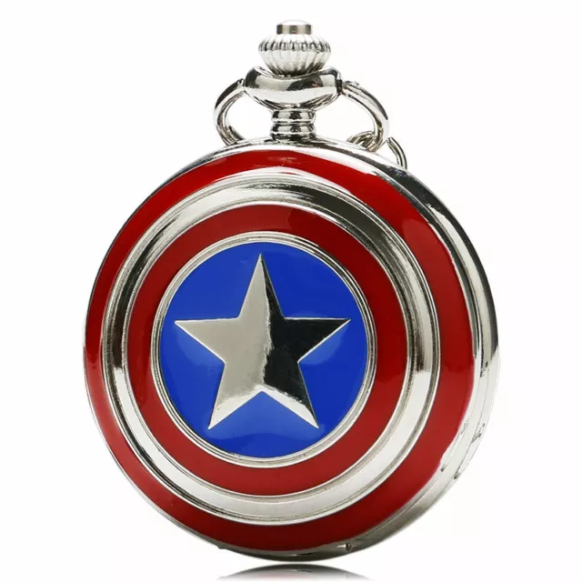 Mens Vintage Captain America Shield Theme Pocket Watch Quartz Fob Pendant Gifts