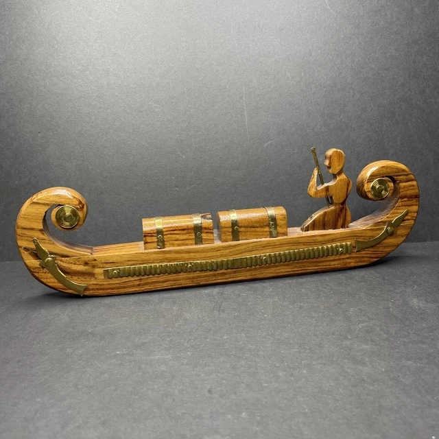 Hand-Carved Solid Wood & Brass Viking Boat With Treasure 12 Inch Vintage 1960s