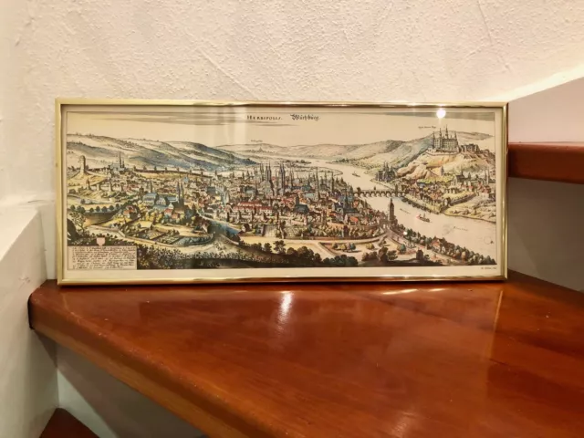 Alter Druck koloriert Gesamtansicht Stadt Würzburg M. Merian 1642 gerahmt