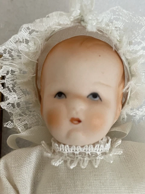 Baby Doll Bisque Porcelain Cloth Body Handmade Dress Hat Wicker Carriage Vintage 4