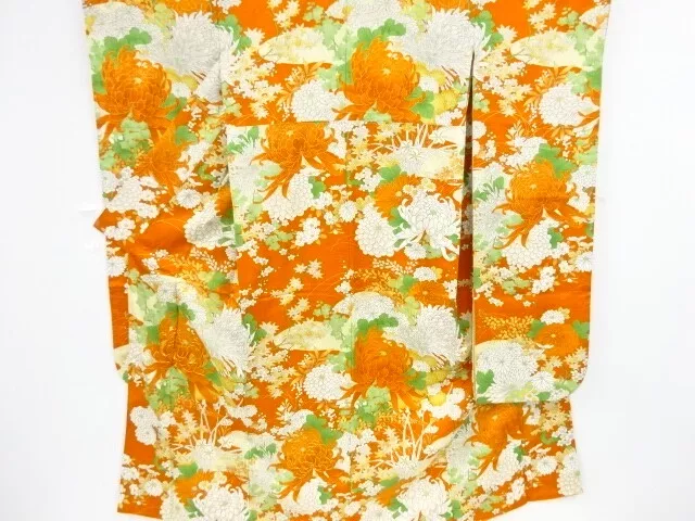 82857# Japanese Kimono / Furisode / Embroidery / Kiku & Floral Plants