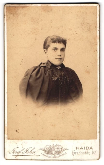 Fotografie Josef John, Haida, Junge Dame im Kleid mit weiten Puffärmeln