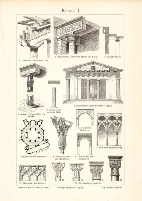Baustile I. - II. historischer Druck Holzstich ca. 1902 Bildtafel Architektur