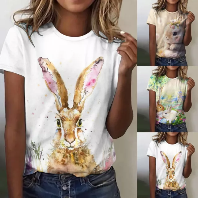 Women Casual Top Easter Bunny Printing Loose Round Neck Short Sleeve T Shirt au