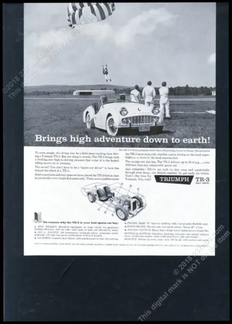 1960 Triumph TR3 TR-3 car skydiver skydiving parachute photo vintage print ad