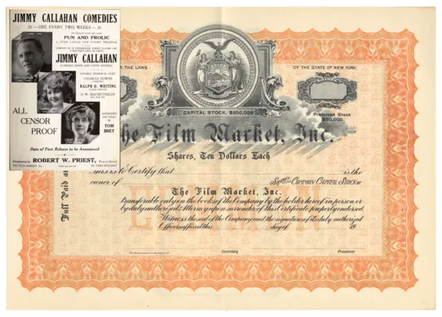 New York City Movie Distributor: The Film Market Inc. stock certificate 1918