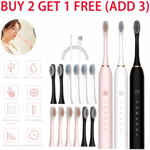 Electric Toothbrush USB Rechargeable Sonic 6 Modes Kids Adults Brush 4 Heads New