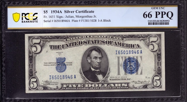 1934 A $5 Silver Certificate Note Fr 1651 Ia Block Pcgs B Gem Unc 66 Ppq