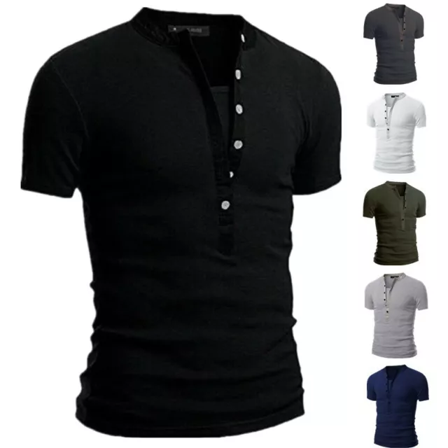 Mens Casual Slim Fit V Neck T-Shirt Muscle Tee Tops Short Sleeve Button Blouse