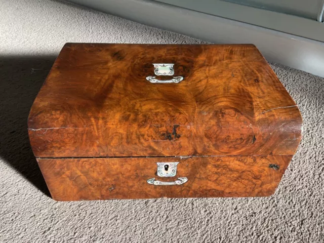 Antique Victorian Wooden Burr Walnut Inlaid Mother of Pearl Jewellery Box Treen