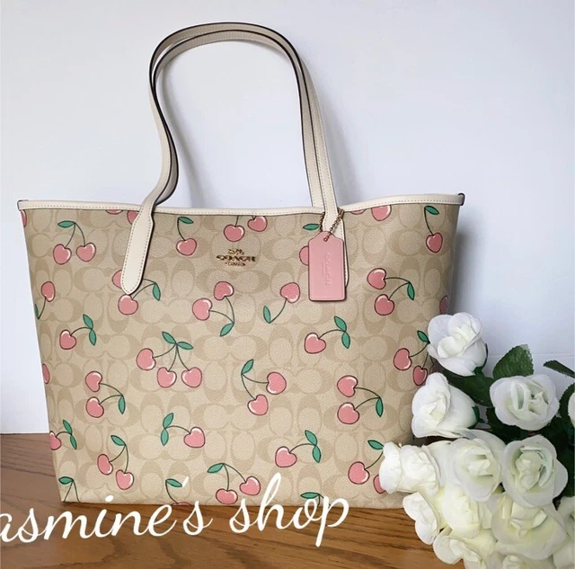 NWT COACH CITY Tote In Signature Canvas With Heart Cherry Print CF444