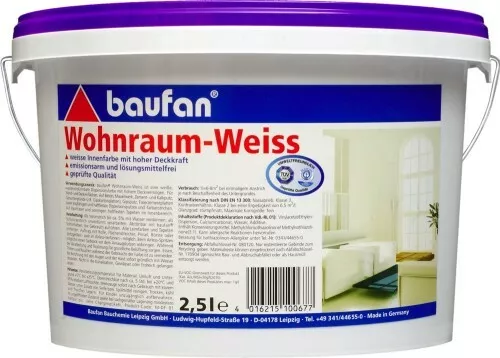 Baufan Wohnraum-Weiss 2,5 L Resistente Al Lavaggio Vernice di Emulsione Bianco
