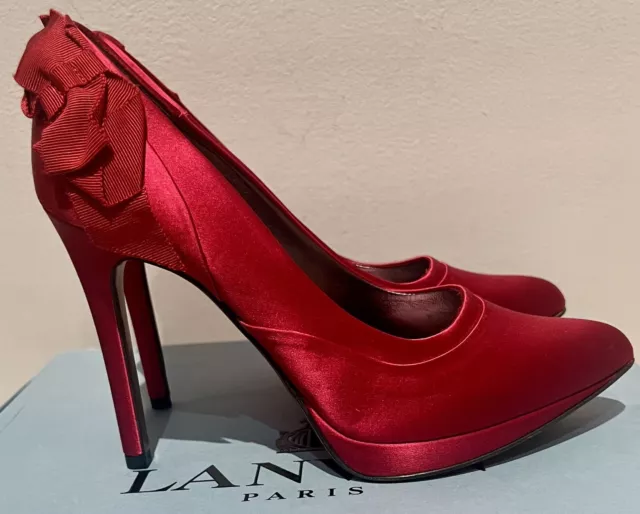 Authentic Lanvin Paris Red Satin Bow Escarpin Pumps 37 made in Italy