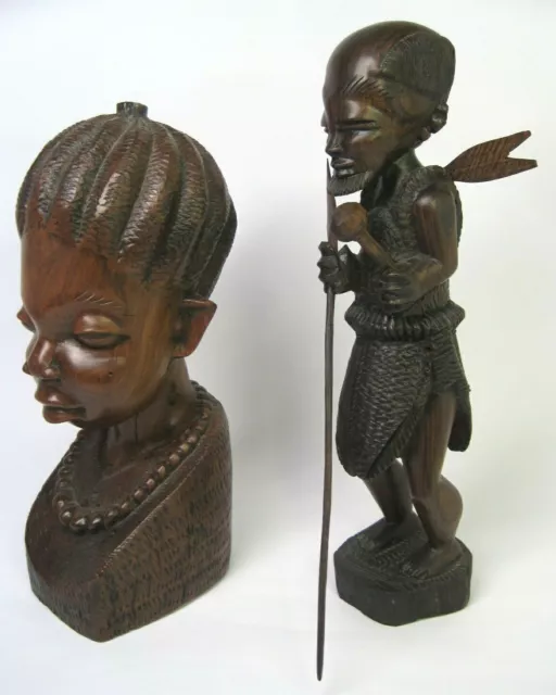 Vtg 2 African Ebony Wood Sculpture Woman Head Bust 9'' Tall & 10½" Men w/ Spear 2