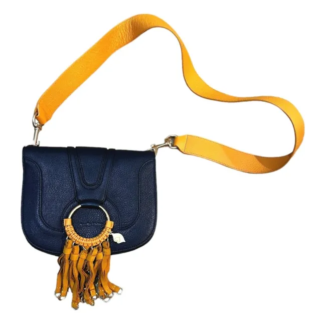 See By Chloe Fringe Hana Shoulder Bag Crossbody Navy Blue Pebbled Leather