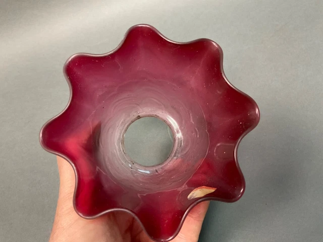 VINTAGE ANTIQUE GLASS LAMP Bell SHADE - 2.25” FITTER  Cranberry Ruffled Edge 12