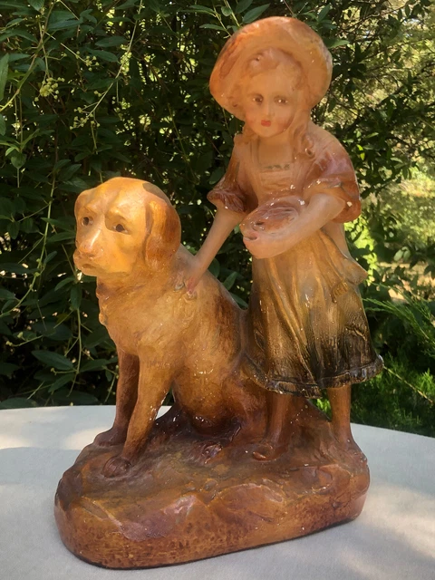 Ancienne Statuette Polychrome Plâtre Numérotée Fillette Chien