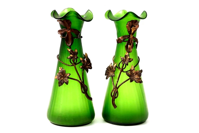 Pair Loetz Arts Crafts Glass Vases Green Metal Art Nouveau Flowers Circa 1900