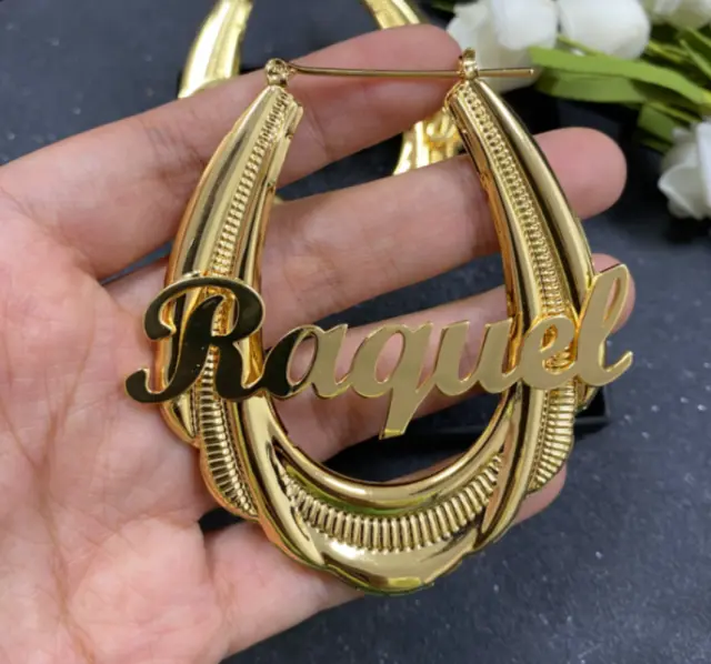 Custom Name Stainless Steel Bamboo Oval Hoop Earrings 65mm Metal Women Jewelry