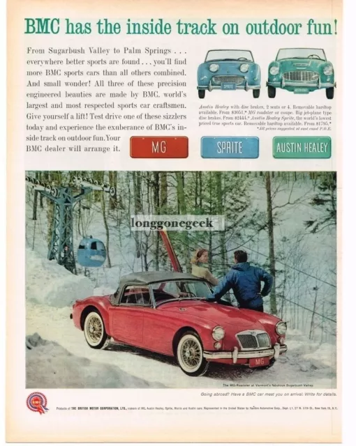 1961 BMC MG Red Roadster Skiers Sugarbush Valley Vintage Ad