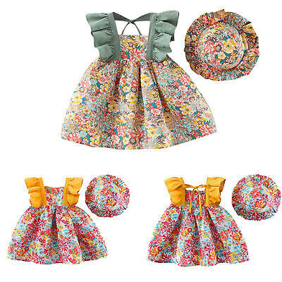 Infant Baby Girls Suspenders Dress Floral Princess Dress Hat Clothes Outfits Set
