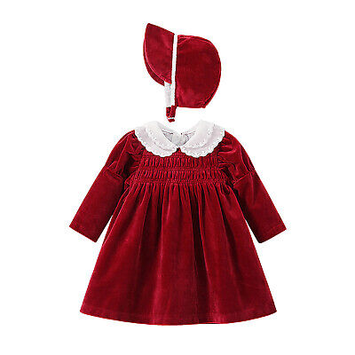 Toddler Baby Girls Christmas Dress Red Velvet Long Sleeve Dress Hat Outfit Set