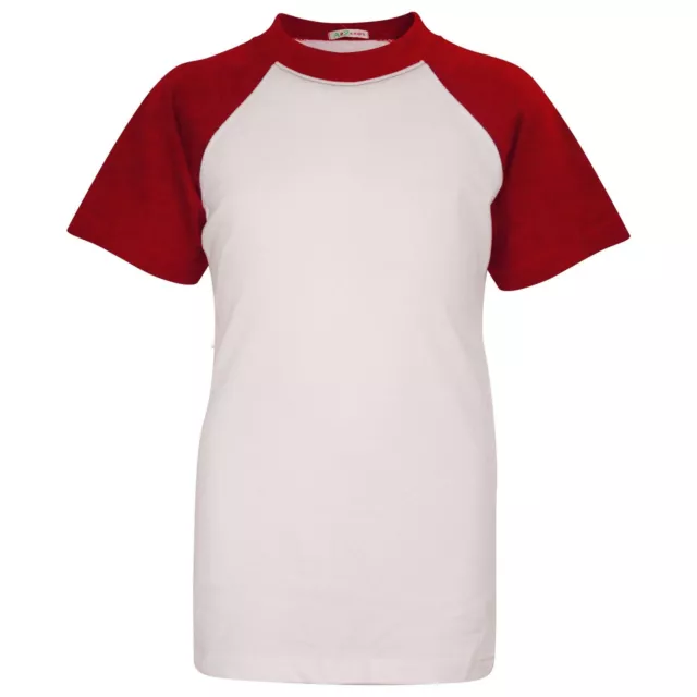 Bambine Rosso T-Shirt Tinta Unita Baseball Americano Corto Raglan Bustine SPORTS