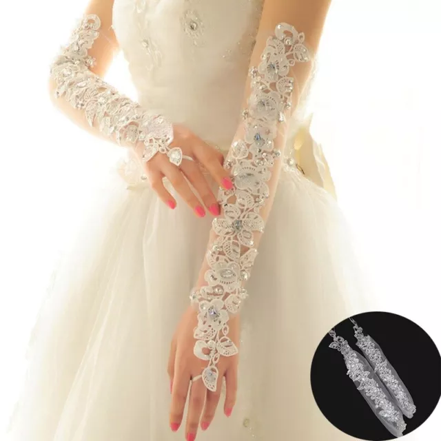 Braut Hochzeit Kleid Handschuhe Strass Party Lang Spitze Fingerlose Fairy 2