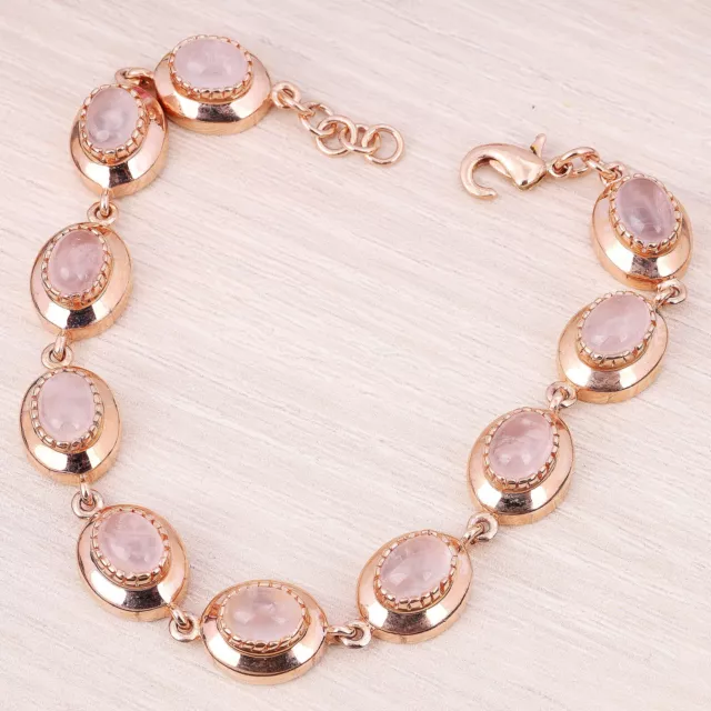 Cuarzo Rosa Pulsera Chapado en Oro Rosa 925 Plata de Ley Pulsera de Eslabones