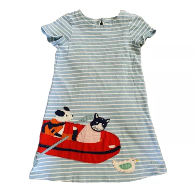 Mini Boden Sz 9/10 Girls Blue Striped Cat Dog Cotton Dress Short Sleeves Summer
