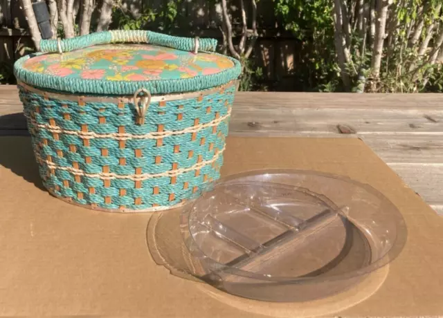Vintage SINGER Sewing Basket Box Woven Light Orange Wicker Mid Century