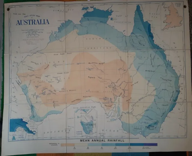 Rare vtg 1917 BACON'S NEW SERIES OF PHYSICAL WALL ATLASES Australia Rainfall map